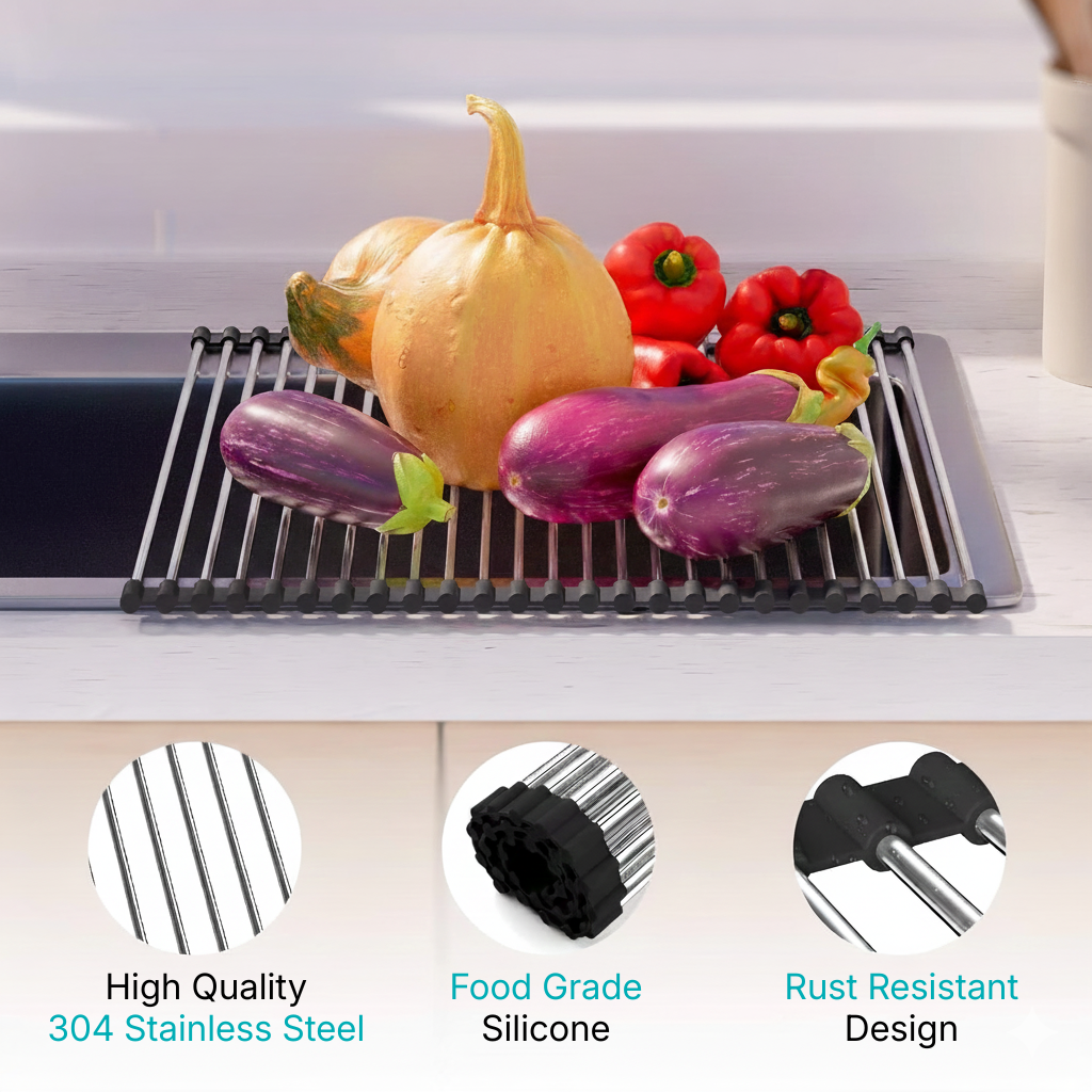 Multi-Purpose Roll-Up Stainless Steel Sink Rack